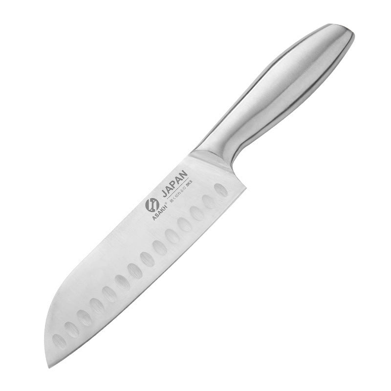 Couteau santoku japonais de cuisine à manche creux sur fond blanc