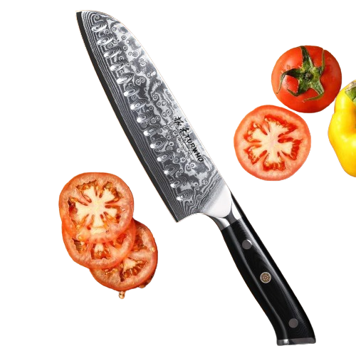 Couteau santoku de style japonais en acier de Damas