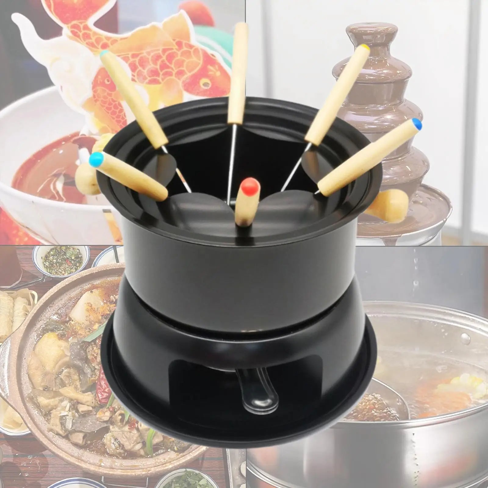 Appareil à Fondue Design en Acier au Carbone Noir, avec 6 fourchettes à l'intérieur.