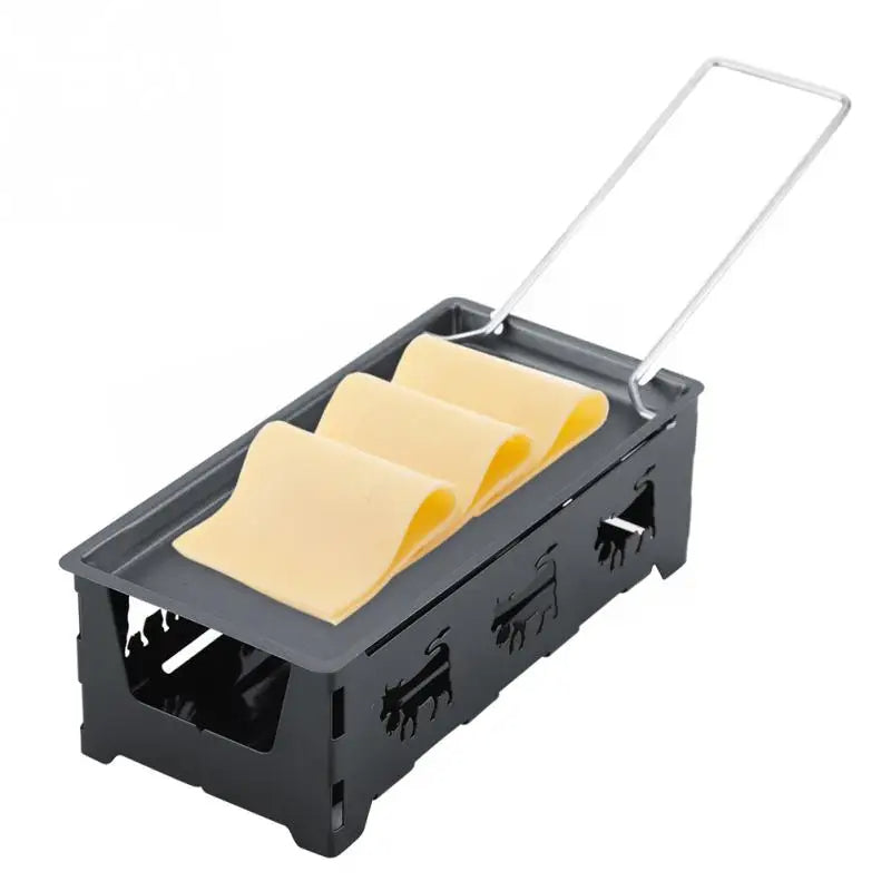 Appareil Raclette Portable en Acier Inoxydable avec du fromage dessus sur fond blanc