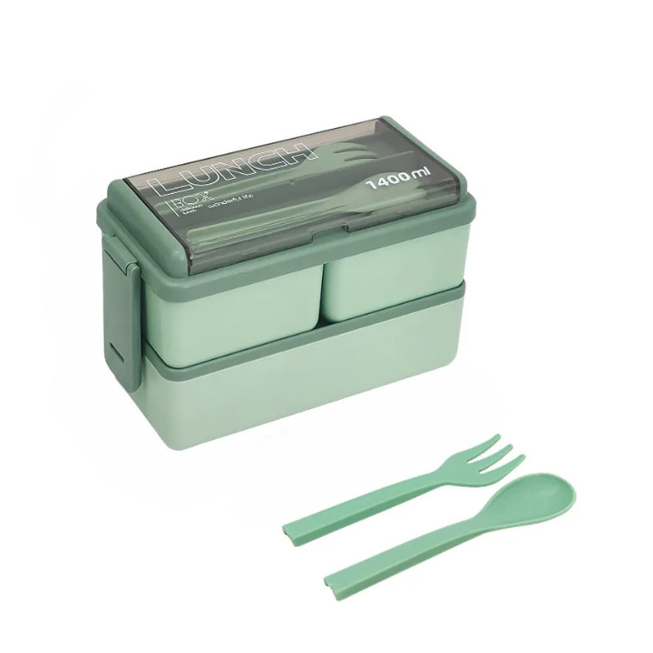 Bento Double Couche Vert avec Couverts