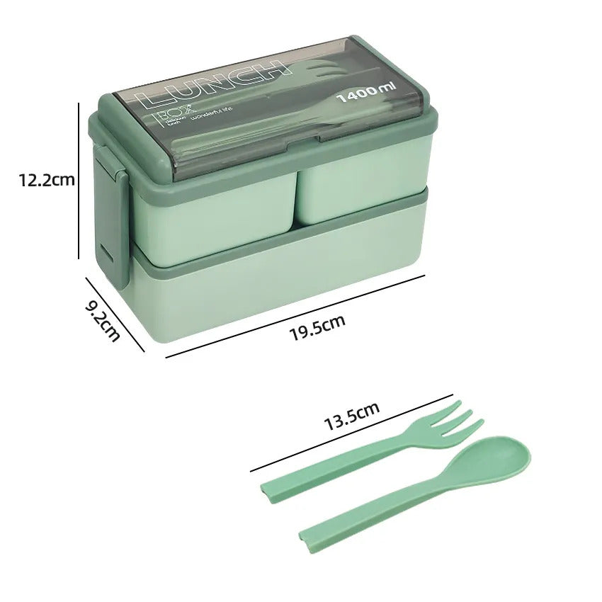 Bento Double Couche Vert avec Couverts