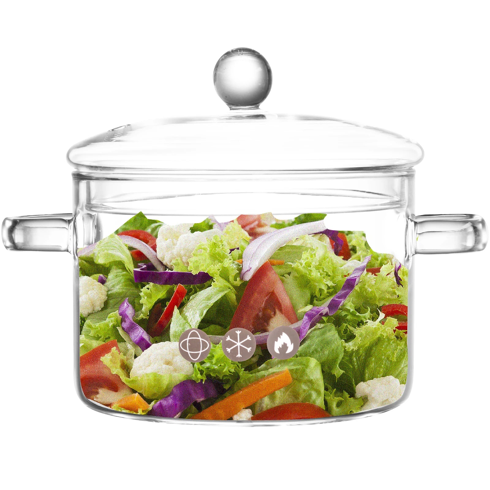 Casserole Verre Transparent à Double Poignées avec une salade à l'intérieur sur fond blanc