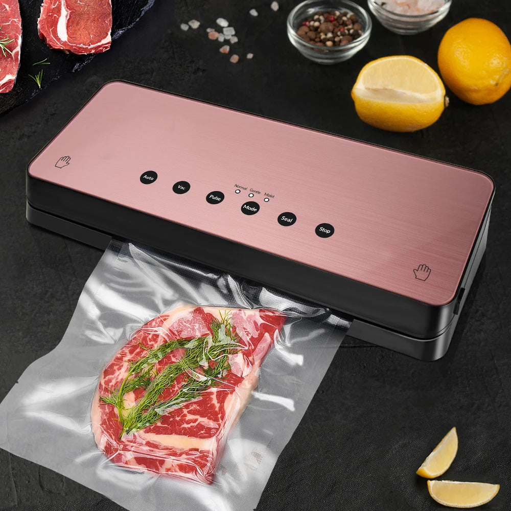 Emballage Sous Vide Alimentaire Électrique Rose, en train de sceller un sac de viande.