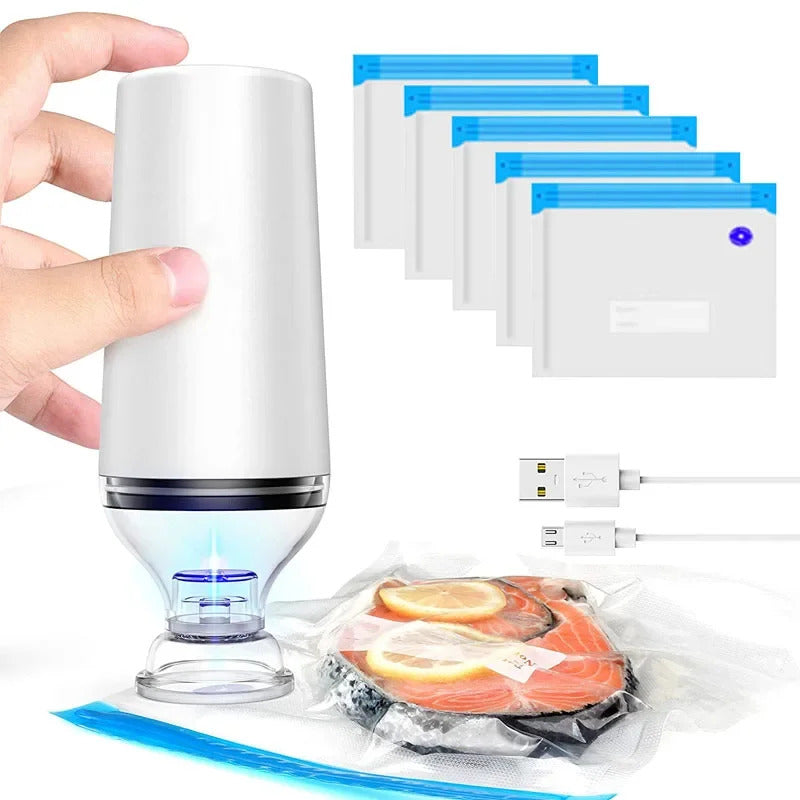 Emballage Sous Vide Rechargeable USB avec Sacs Réutilisables, sur un fond blanc.