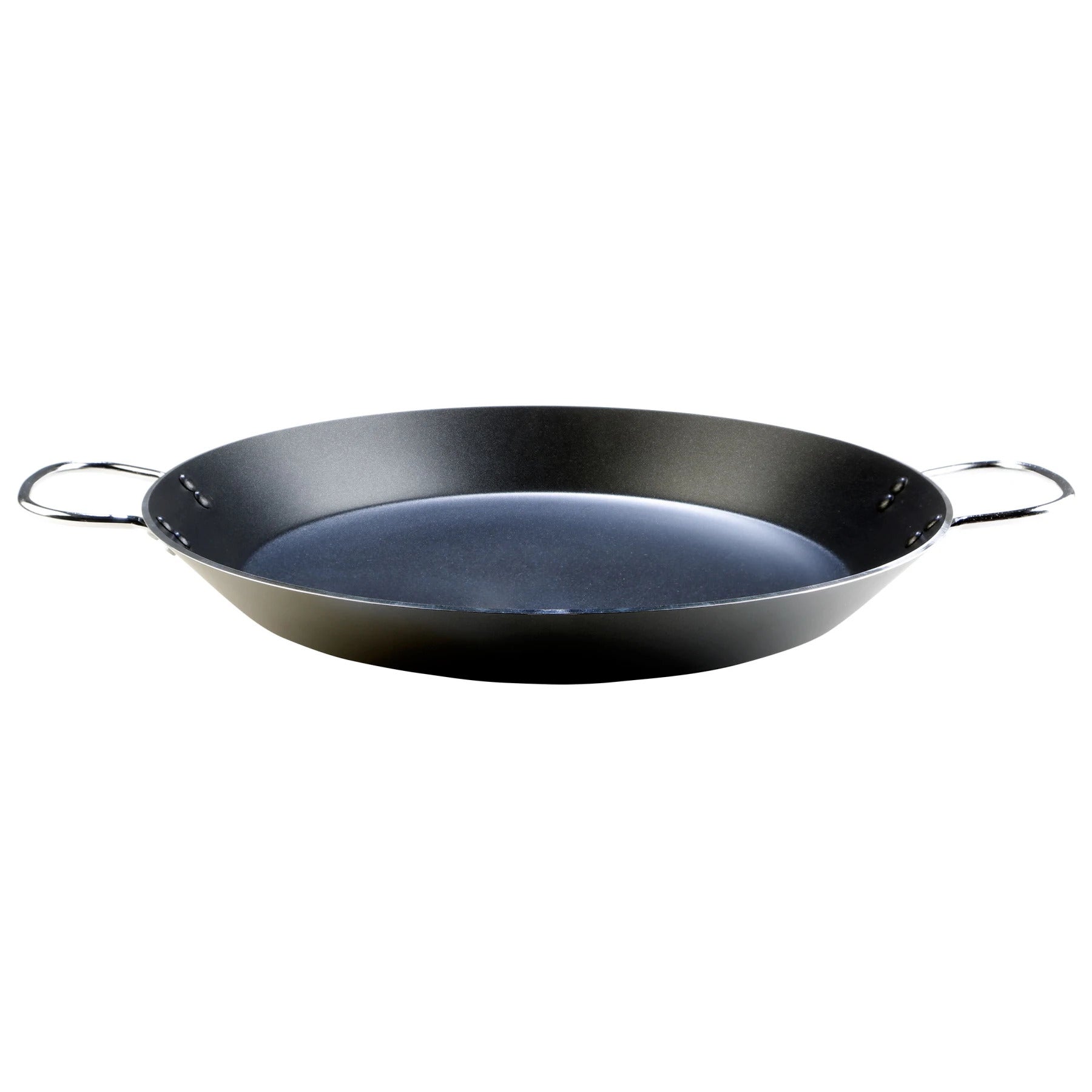 Poele à Paella Antiadhésive en Aluminium Noir, sur un fond blanc.